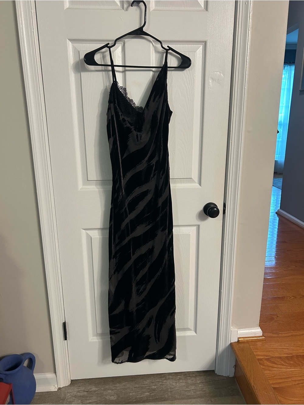 Anthropologie Black Satin Slip Maxi Dress with Lace Trim